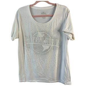Universal Studios spangled sparkle scoop neck t-shirt white silver rolled cuff L